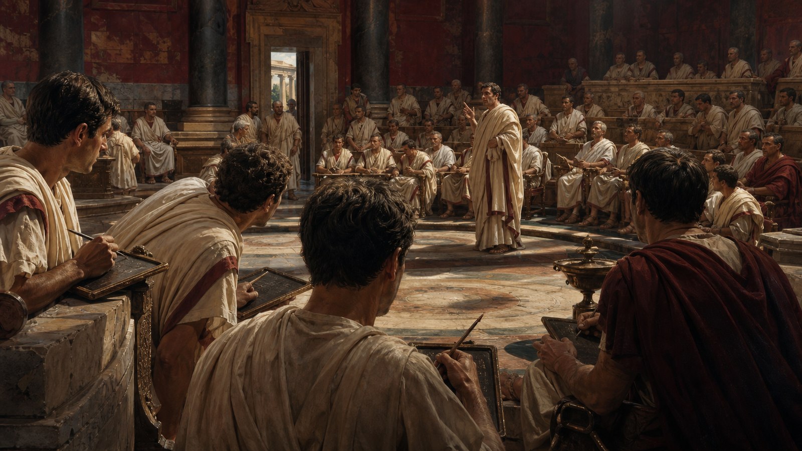 In 63 BCE, Cicero placed several rapid writers around the senate chamber to capture Cato’s speech in compressed marks.