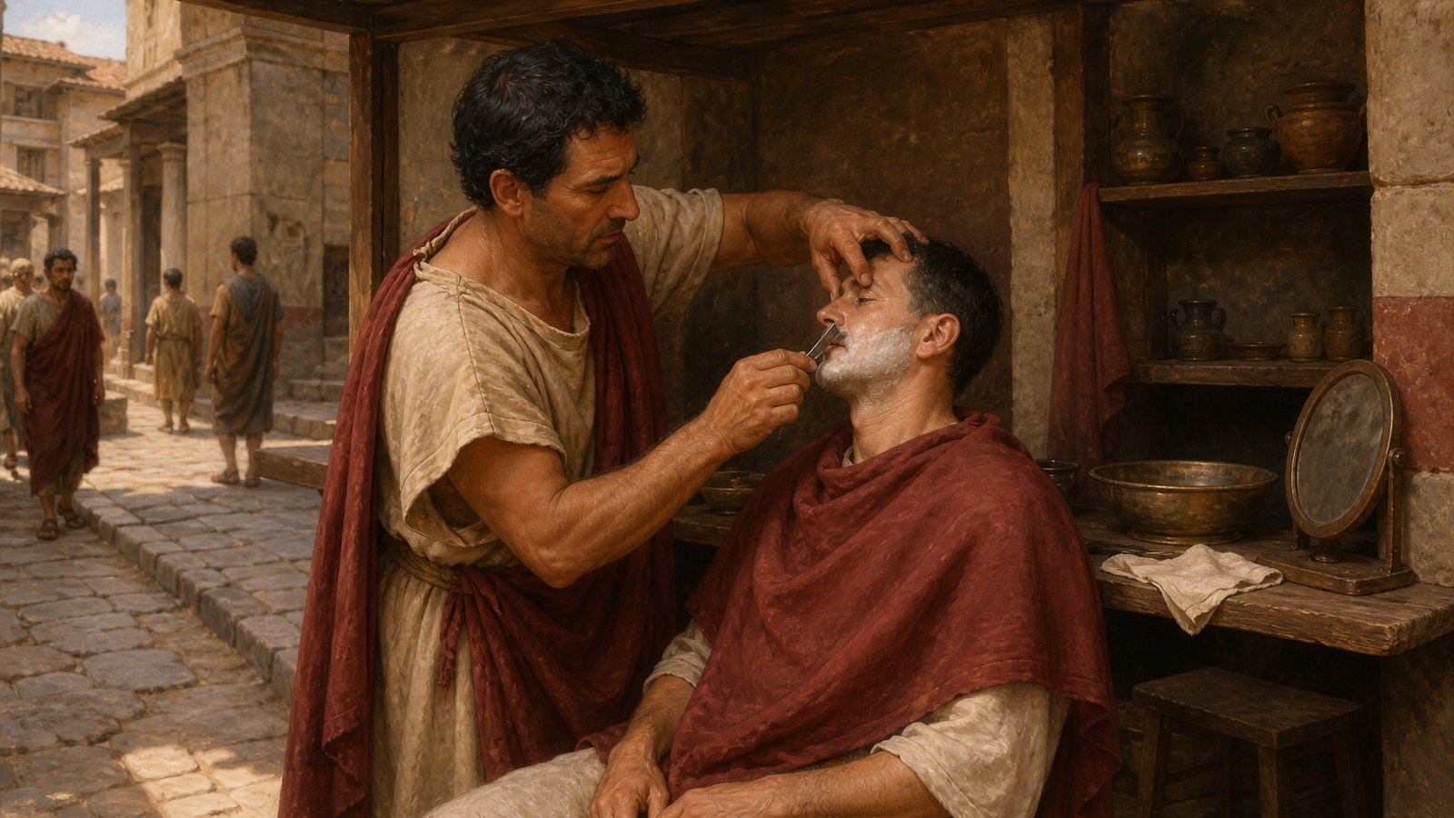 A Sicilian barber opens a compact street-side grooming station in Republican Rome, preparing a plain iron razor while a seated citizen waits beneath a linen cloth.