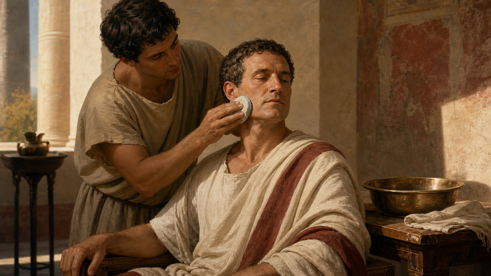 An elite Roman completes a careful morning shave as an attendant uses a small smooth pumice stone beside a basin, razor, cloth, and mirror.