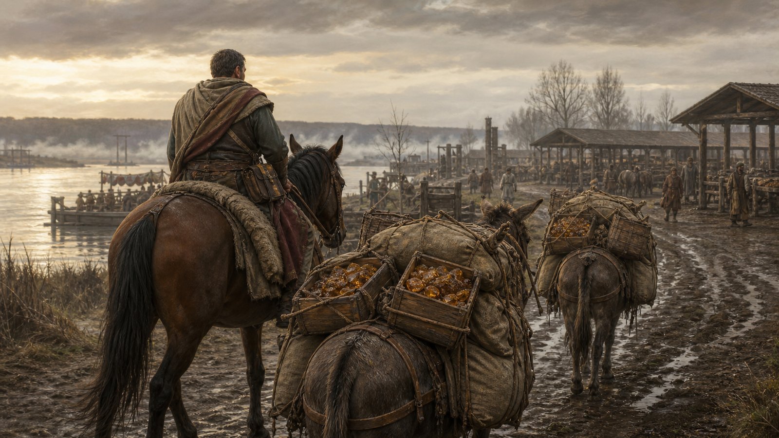 A mounted Roman buyer follows a wet northern trade road with sacks of raw amber toward Carnuntum.