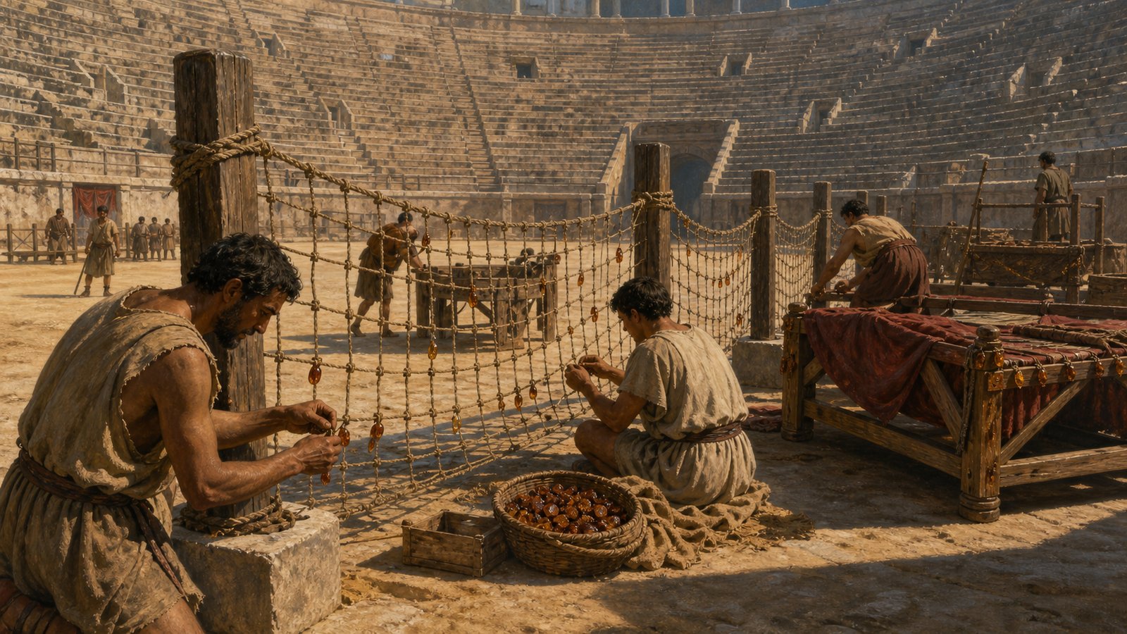 Arena workers fasten amber pieces to the protective net above the podium before Nero’s spectacle.