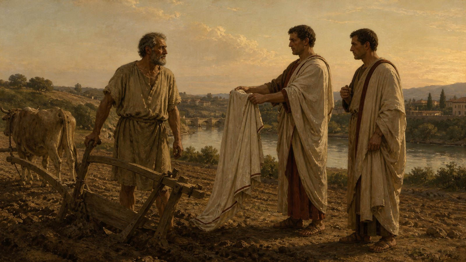 Roman envoys summon Cincinnatus from a small farm across the Tiber in Livy's account of the 458 BCE emergency.