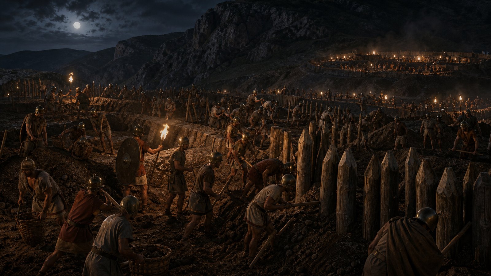 Soldiers carrying stakes dig an enclosing earthwork at night while the trapped Roman army attacks outward at Mount Algidus.
