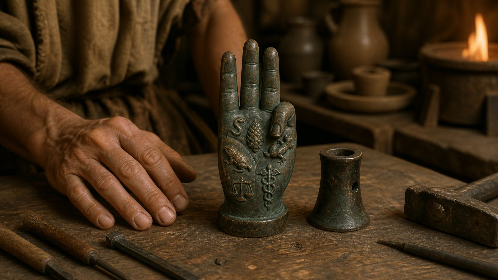 A small bronze hand of Sabazios combined a formal speaking gesture with snakes, animals and divine emblems.