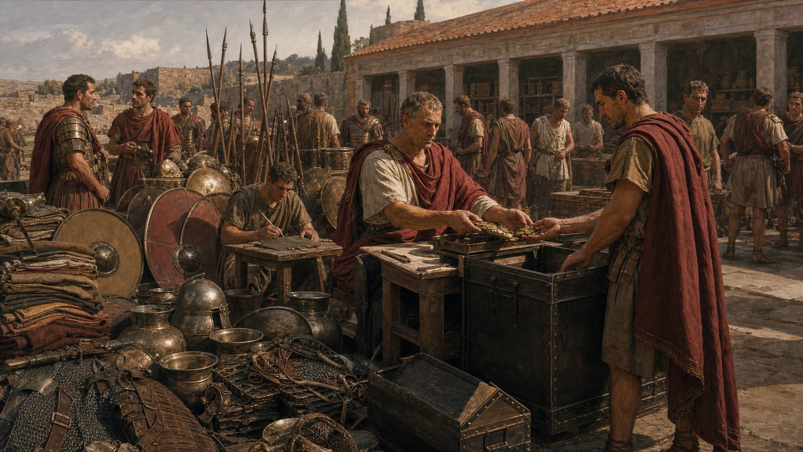 A low upward view inside Trajan’s Forum in early second-century Rome, with marble colonnades and gilded bronze horse statues and military standards silhouetted along the roofline, citizens crossing below, historically plausible monumental scale, no readable inscriptions, letters, imperial eagles, or modern objects.