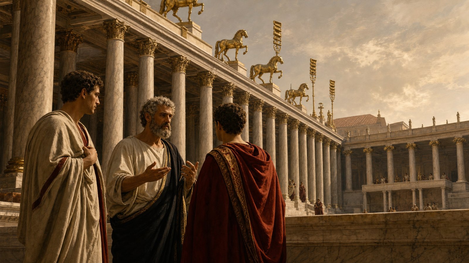 In a Roman military booty yard after a campaign, officials inventory captured bronze vessels, armor and textiles while an auctioneer transfers coins into sealed public chests, showing objects becoming treasury proceeds without battle action, no text, numbers, banners, or modern gestures.