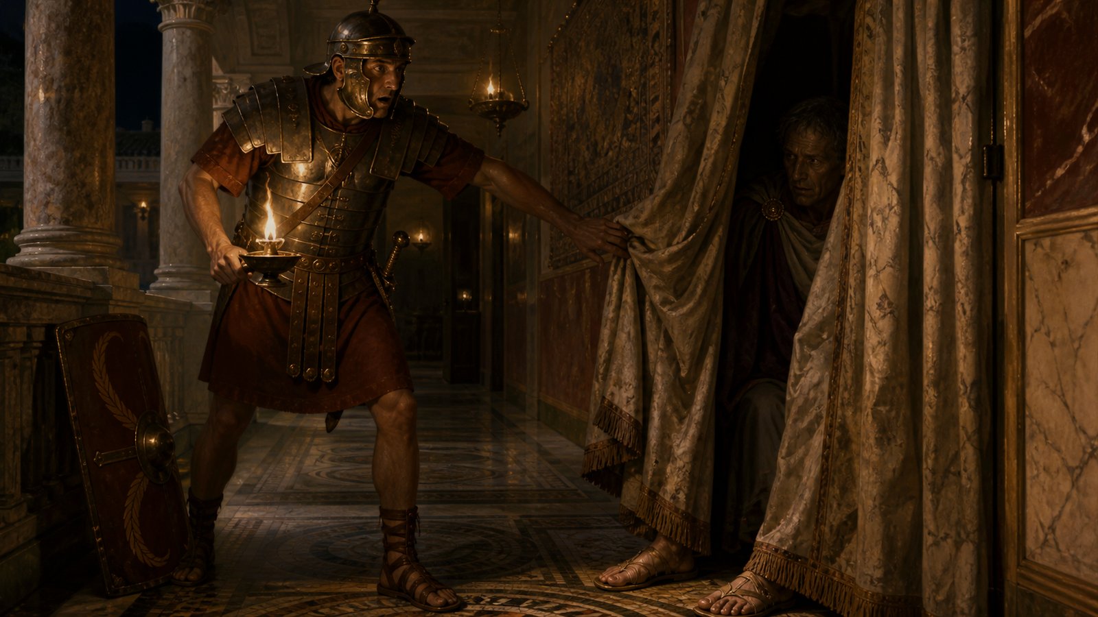 Suetonius says a common soldier noticed Claudius's feet beneath the curtains before recognizing the terrified imperial relative.