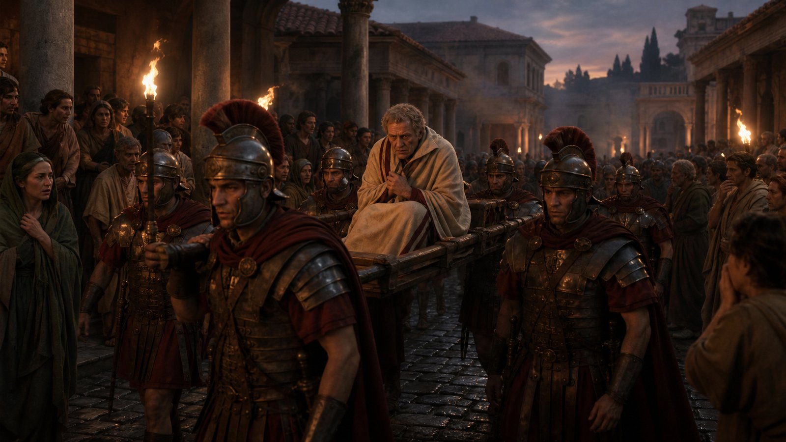 With Claudius's own bearers gone, soldiers took turns carrying his litter to the camp while onlookers feared he was being taken to execution.