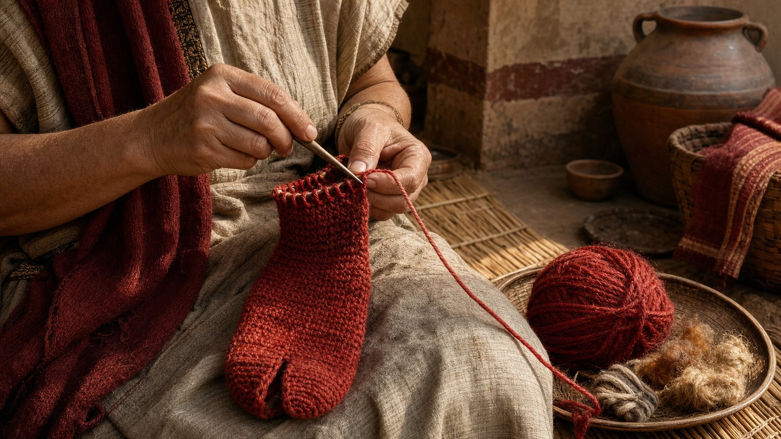 A single needle draws three-ply red wool through interlocking loops as the divided toe takes shape.