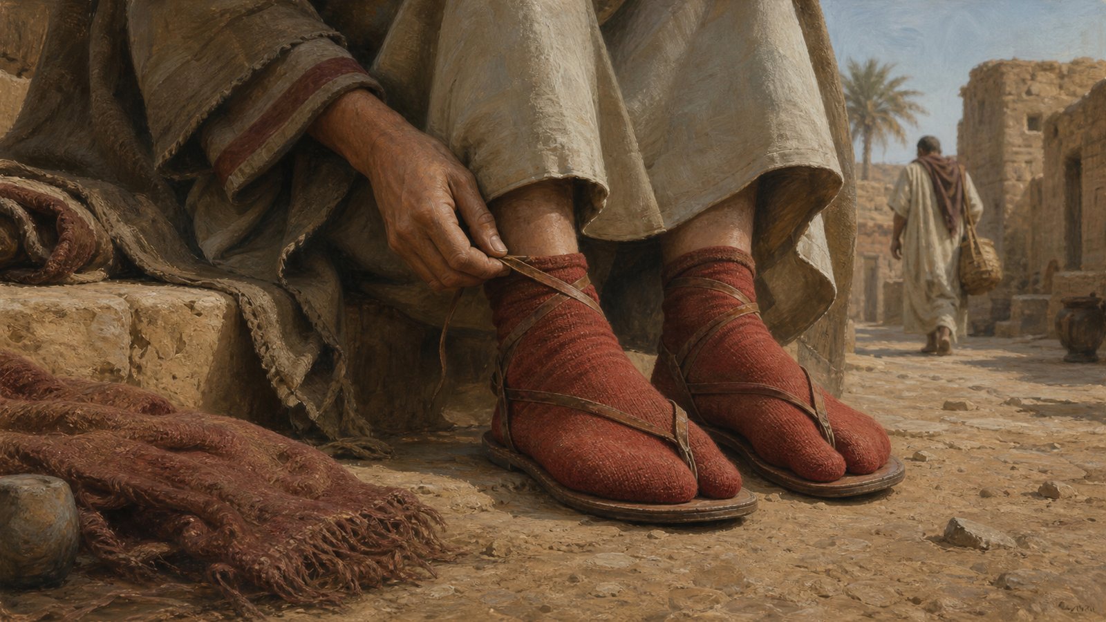 A sandal thong passes between the two toe compartments, turning an unusual shape into a practical fit.