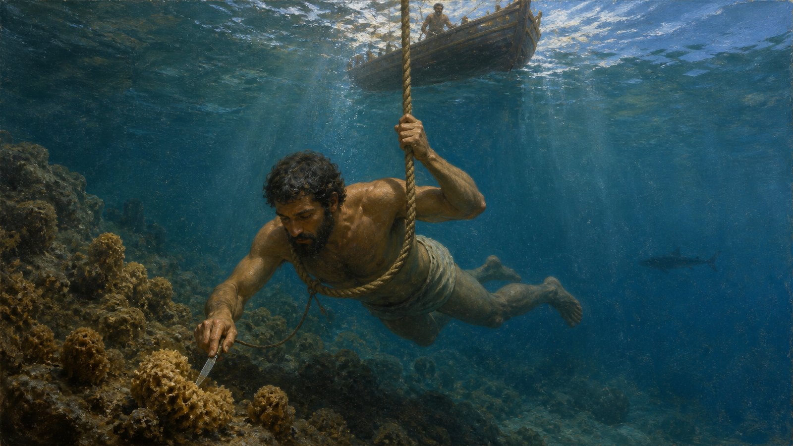 Under clear deep Mediterranean water, an ancient sponge diver with a simple loincloth and no breathing apparatus reaches toward natural sponges on a rocky seabed; a thick rescue cord is securely looped beneath his shoulders and rises taut toward the shadow of a small wooden boat, while he holds a short plain cutting blade, realistic archaeology, no text, no modern diving gear, no fantasy.