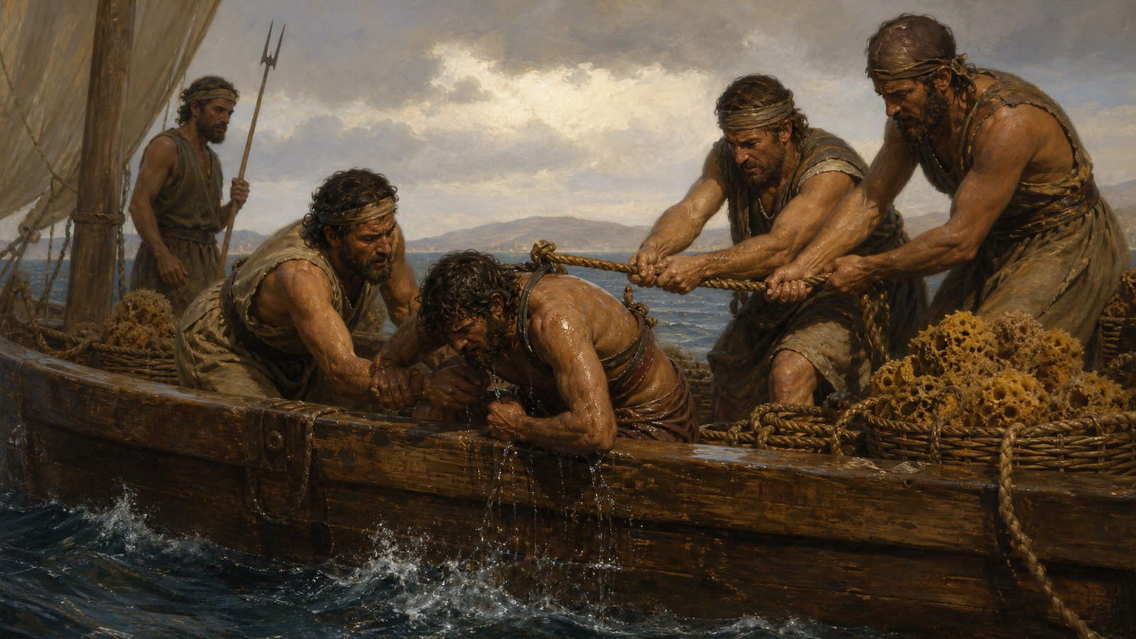 At the side of a small ancient Mediterranean workboat, three crew members haul a soaked sponge diver over the gunwale by a shoulder-fastened rope as dark water churns below; baskets of natural sponges sit on deck, urgent coordinated labor, historically plausible clothing and timber construction, no readable marks, no logos, no giant monster.