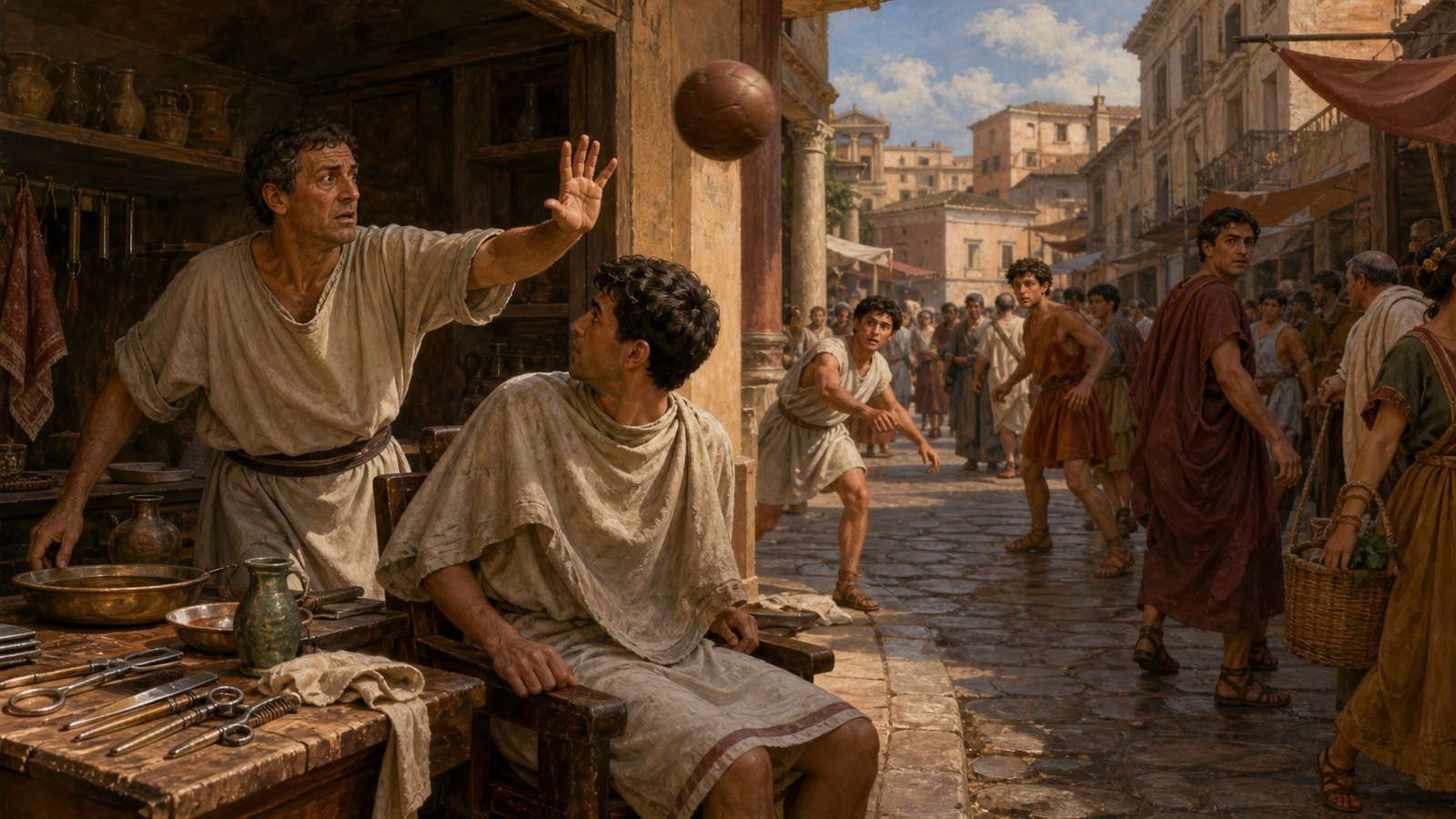Ulpian preserves a case in which a forcefully struck ball hit a barber’s hand while he held a razor to a slave’s throat.