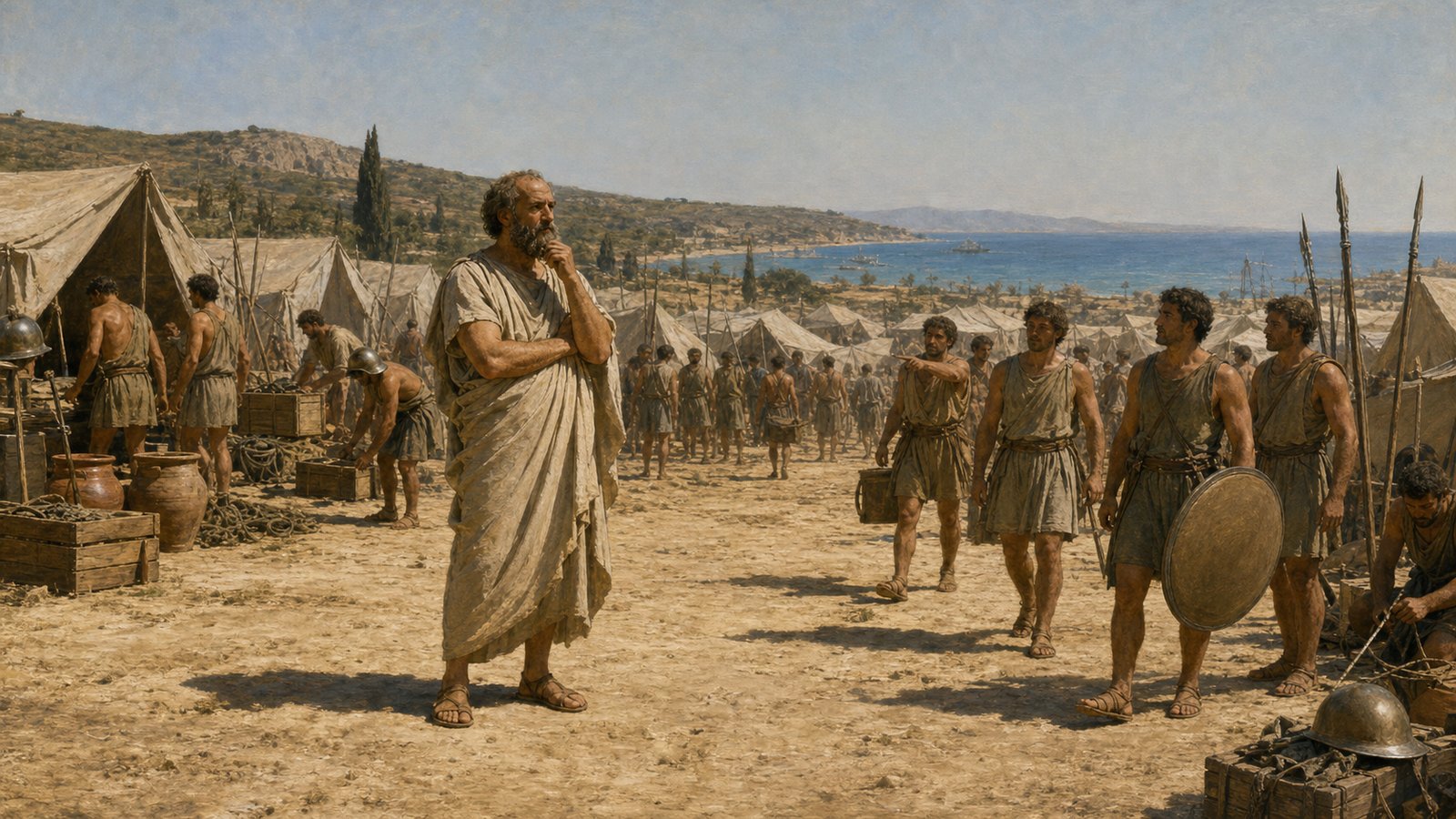 In a summer military camp at Potidaea, Socrates stands motionless in plain ancient Greek clothing from dawn as soldiers pause among unmarked tents and watch from a respectful distance; warm low sunlight, historically plausible equipment, no inscriptions or recognizable modern symbols.