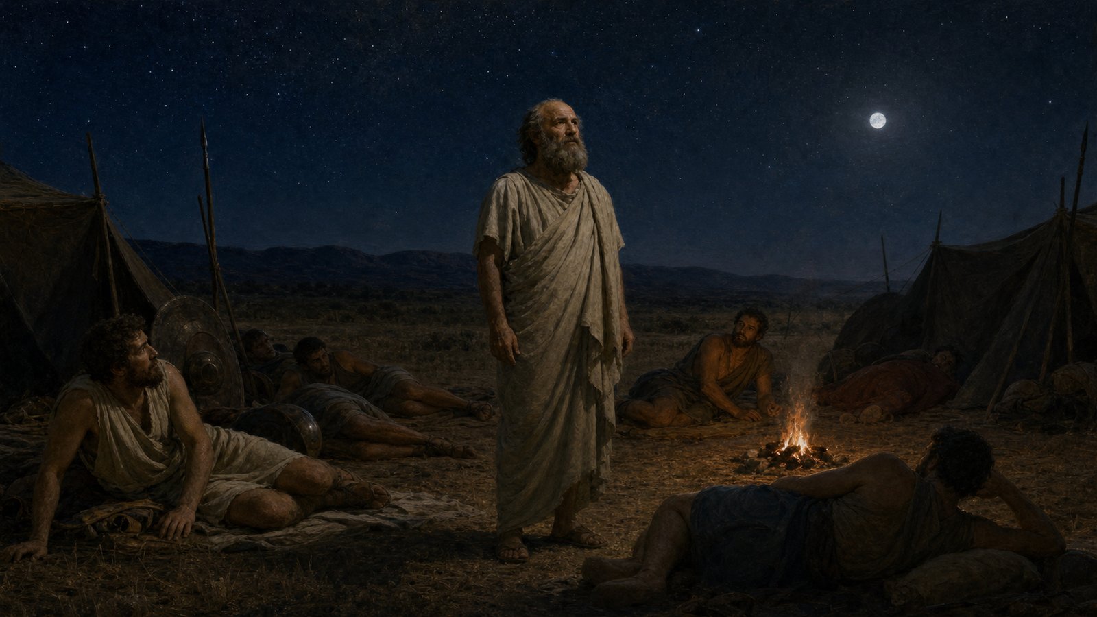 At night in an ancient Greek field camp, Socrates remains fixed in quiet contemplation under the stars while a few Ionian soldiers lie on simple rugs nearby to observe whether he will continue until morning; restrained torchlight, no battle, no writing or logos.
