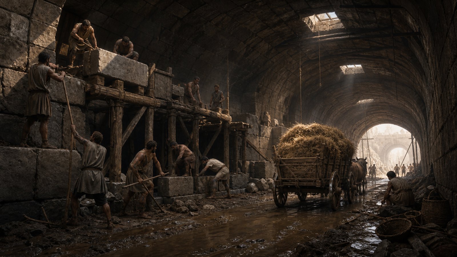 A vertical cinematic historical scene at an early Roman sewer construction trench: King Tarquinius Priscus in restrained archaic royal dress watches exhausted citizen laborers haul stone beside a vast timber-braced tunnel mouth, guards and overseers make the coercion unmistakable, muddy dawn, one distant shrouded wooden display frame suggested without gore, no text, no inscriptions, no watermark.