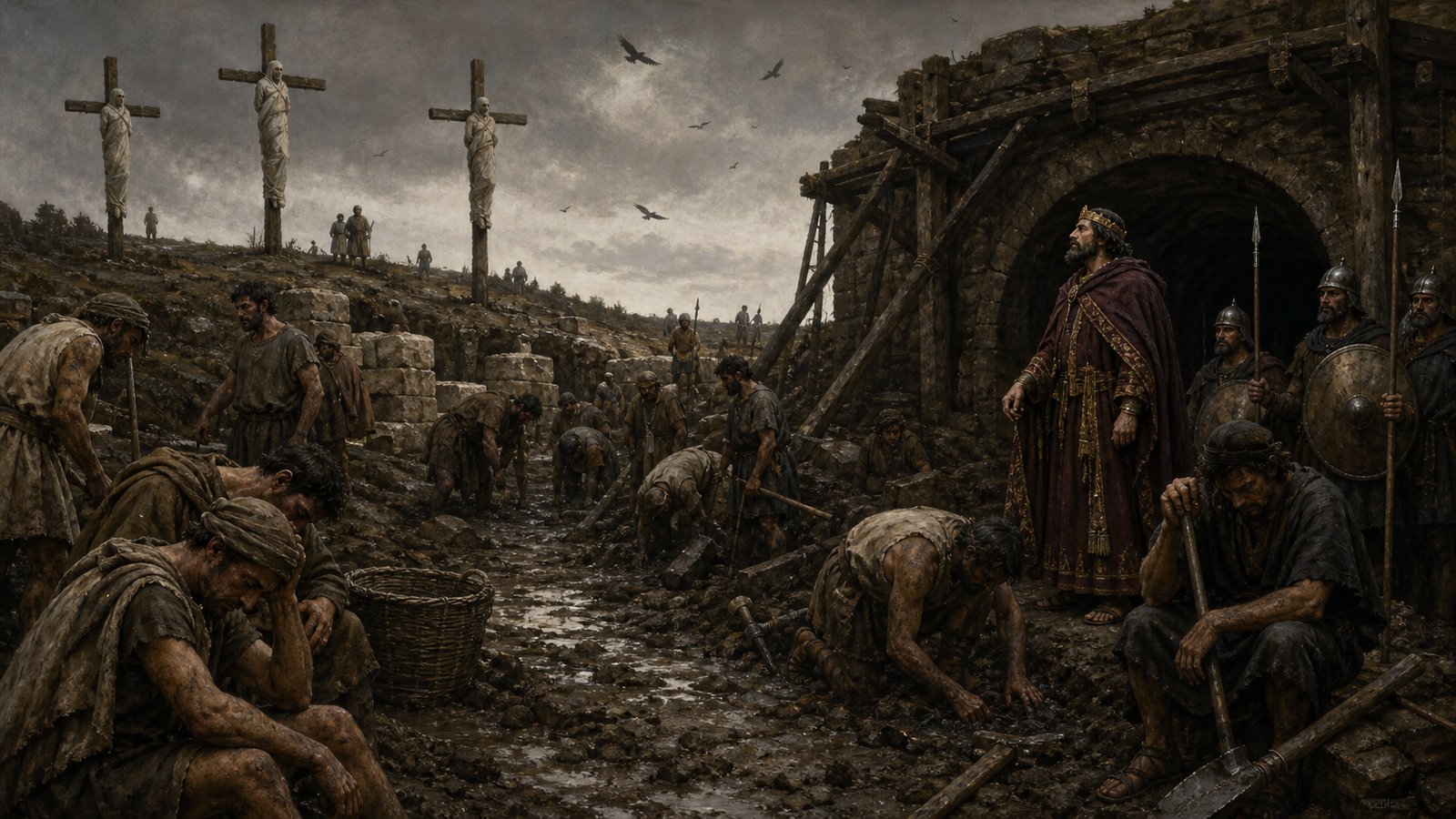 A wide horizontal cinematic cutaway-like construction scene of an enormous early Roman stone drain tunnel, a wagon fully loaded with hay passing through to demonstrate its scale while laborers set heavy blocks under timber bracing, runoff water and mud below, historically plausible tools, no modern machinery, no text, no watermark.