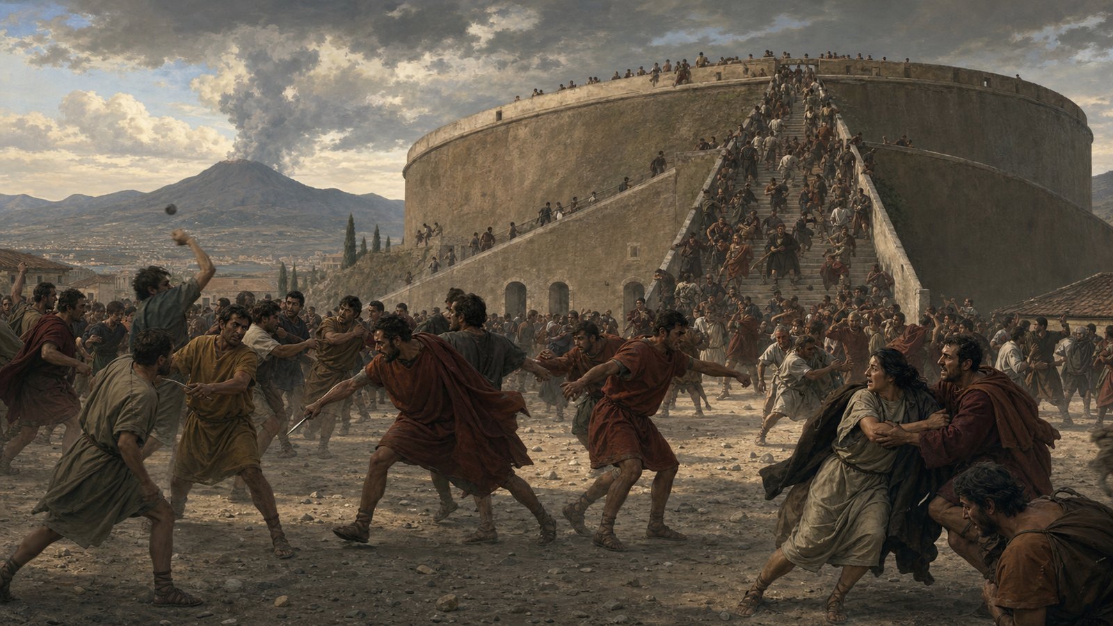 Home and visiting spectators clash across the Pompeian amphitheatre approaches as stones and weapons replace the scheduled spectacle.