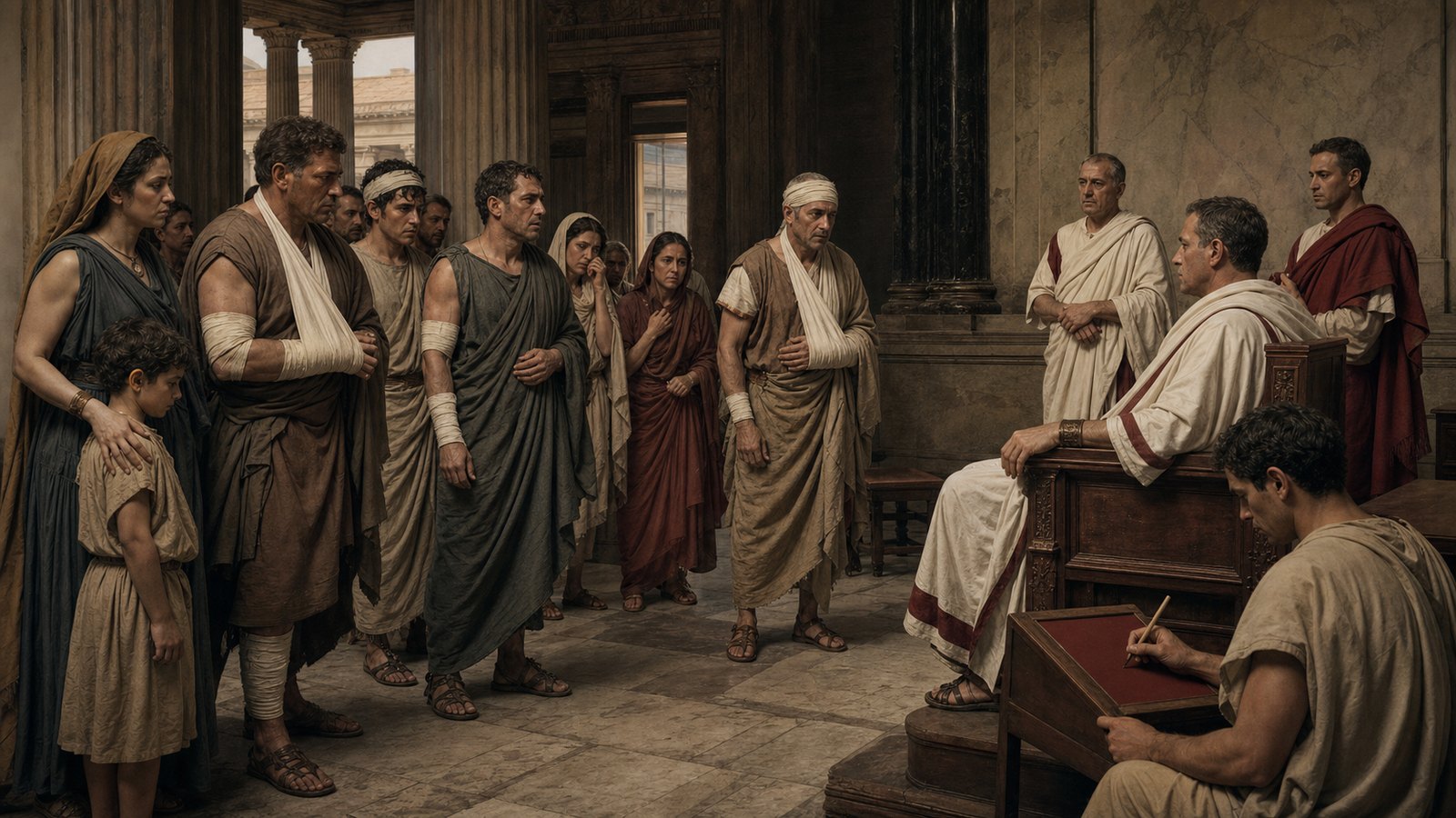 Nucerian survivors and bereaved families arrive before Roman authority, turning wounds from a local riot into evidence for an imperial judgment.