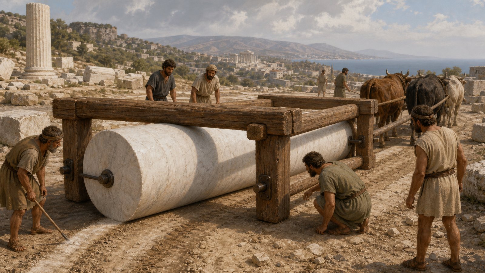 Oxen pull a heavy timber frame while a finished marble column rotates on iron pivots through bronze-dark gudgeons along a soft road outside Ephesus.