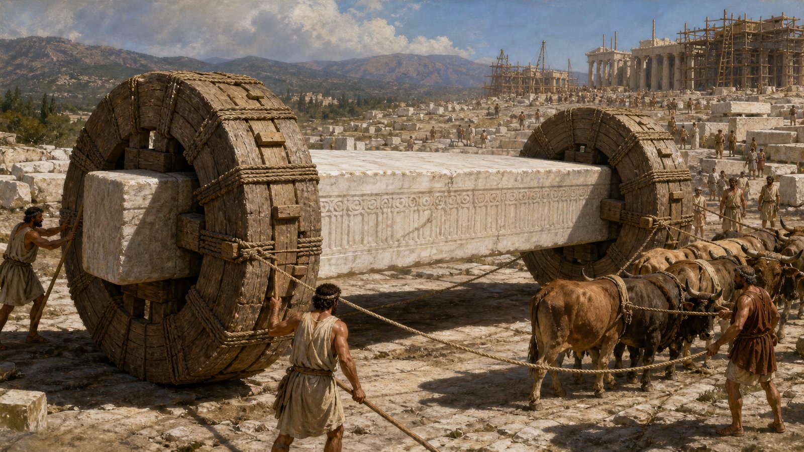A rectangular marble entablature block turns as the axle between two enormous timber wheels while workers correct its line across the level quarry plain.