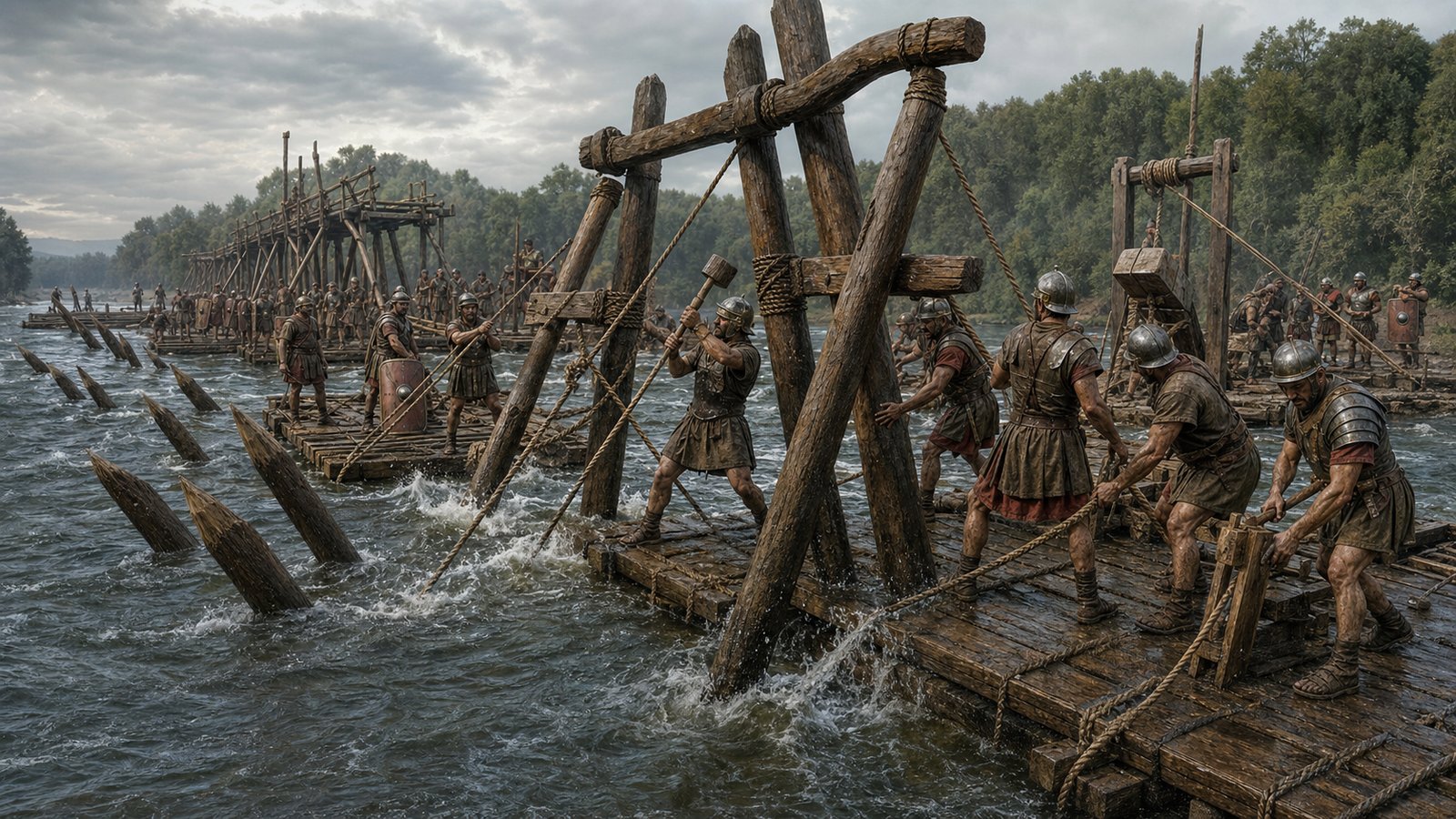 Legionary engineers drive opposing timber piles into the Rhine and brace them against the pressure of the current.
