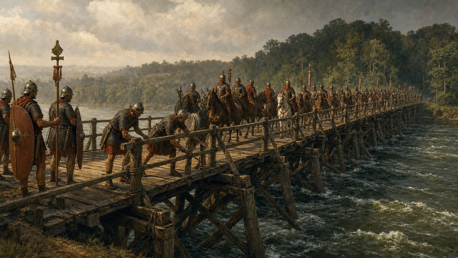 Roman infantry and cavalry cross the finished timber deck while engineers inspect the temporary military road.