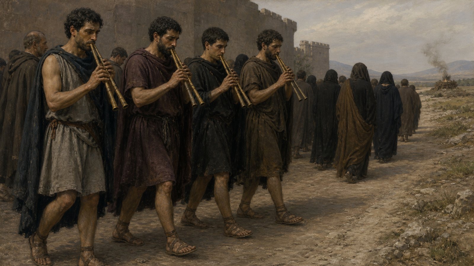 Cicero preserves a Twelve Tables limit of three mourning veils, one small purple tunic and ten flute players, turning funeral display into quantities that witnesses could recognize.