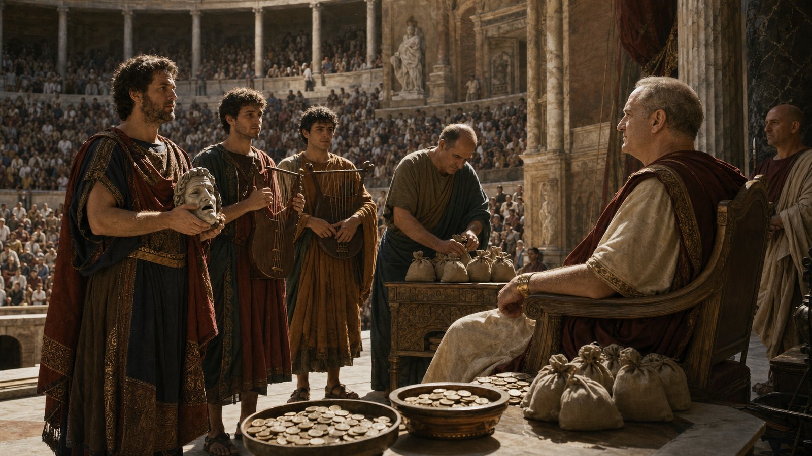 At Vespasian’s imperial funeral, the mime actor Favor wears a recognizably aged theatrical mask and loudly questions robed procurators about the procession’s cost as musicians and mourners pause.