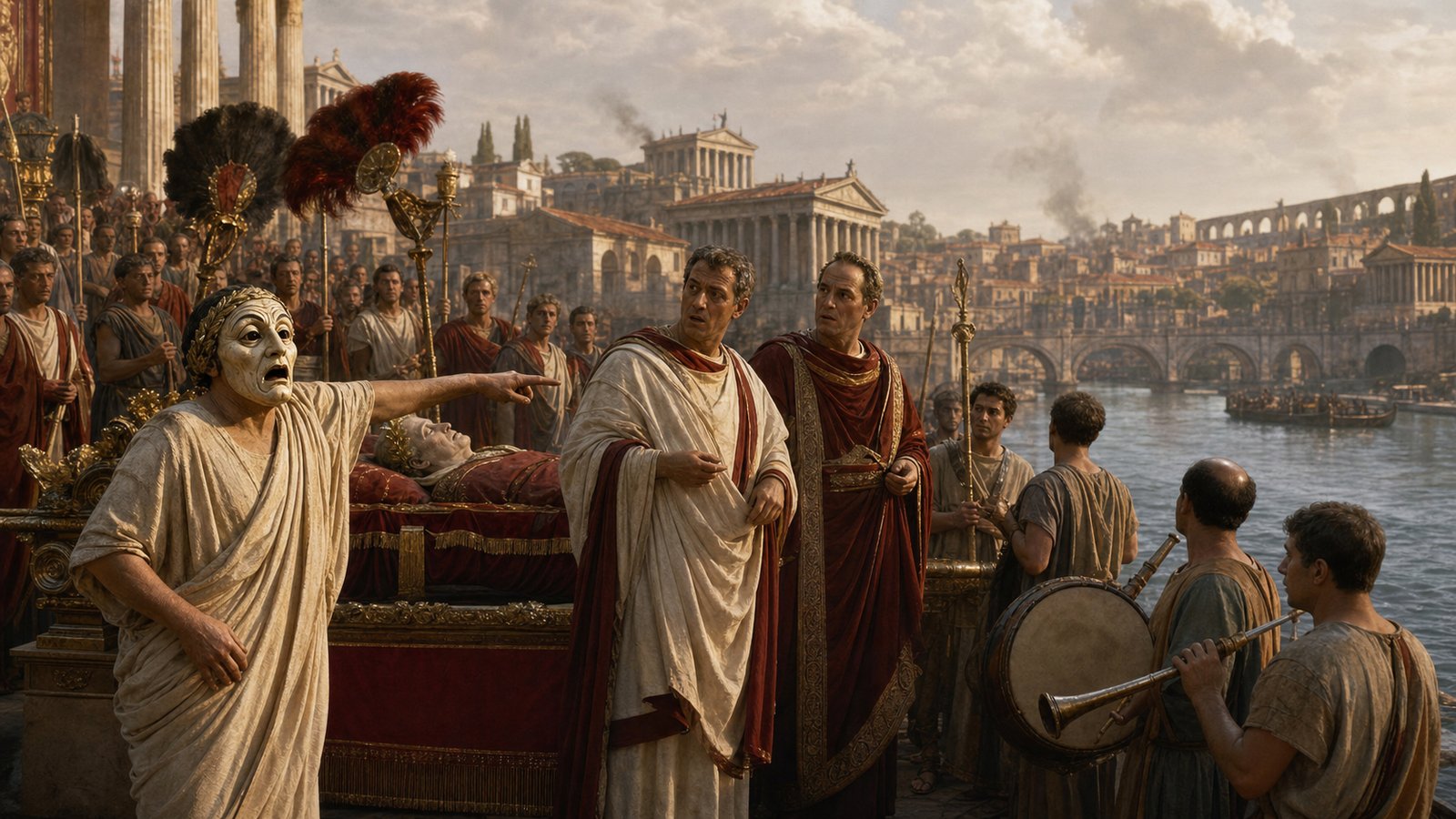 Favor gestures toward the Tiber after hearing the ten-million-sesterce price, turning a magnificent Roman funeral procession into a public joke about Vespasian’s reputation for thrift.