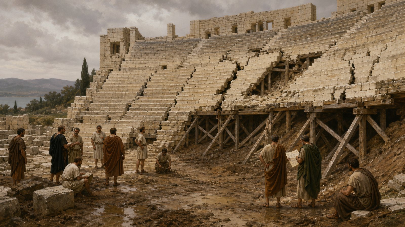 At unfinished Roman Nicaea, a provincial inspector faces a vast semicircular theatre whose stone seating has sunk and split into large visible cracks, with heavy plain timber props holding the damaged masonry.