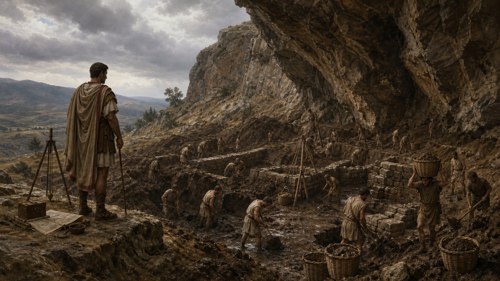 In Claudiopolis, laborers excavate the foundations of an immense public bath in a low hollow directly beneath a steep rocky mountain, revealing the risky site described to Trajan.