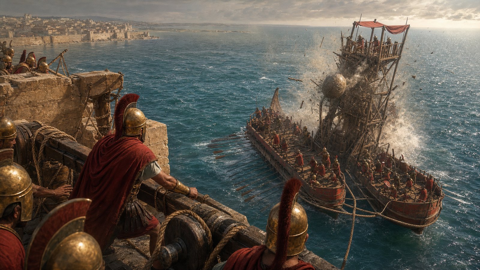 From the walls of ancient Syracuse, a huge plain stone projectile crashes into Rome’s wooden sambuca siege tower mounted across paired ships, splintering its platform amid rough sea and terrified crews.