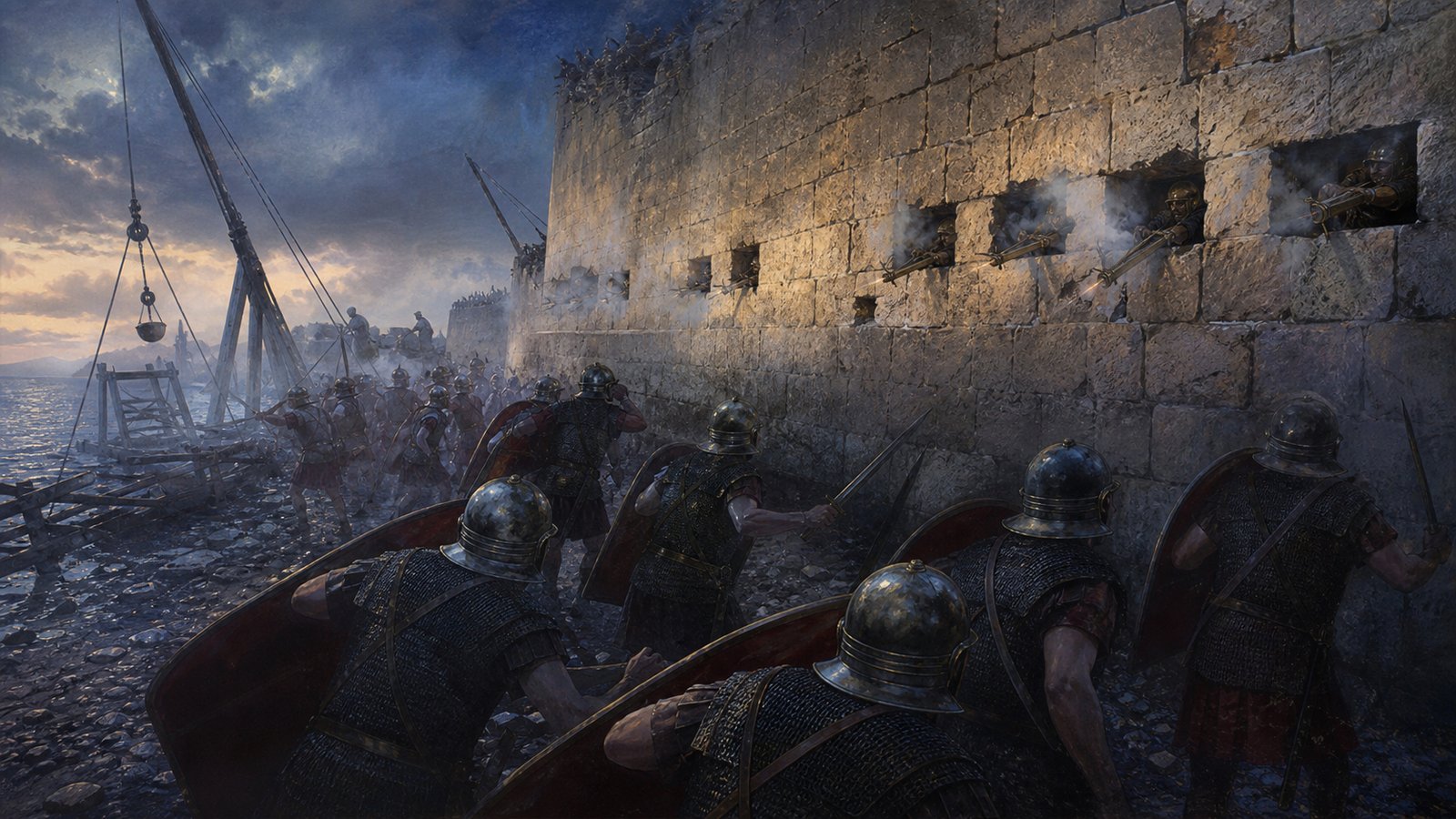 At the base of Syracuse’s high stone wall, generic Roman infantry discover concealed short-range scorpion engines firing through small openings while ropes and crane-like beams loom above the naval flank.