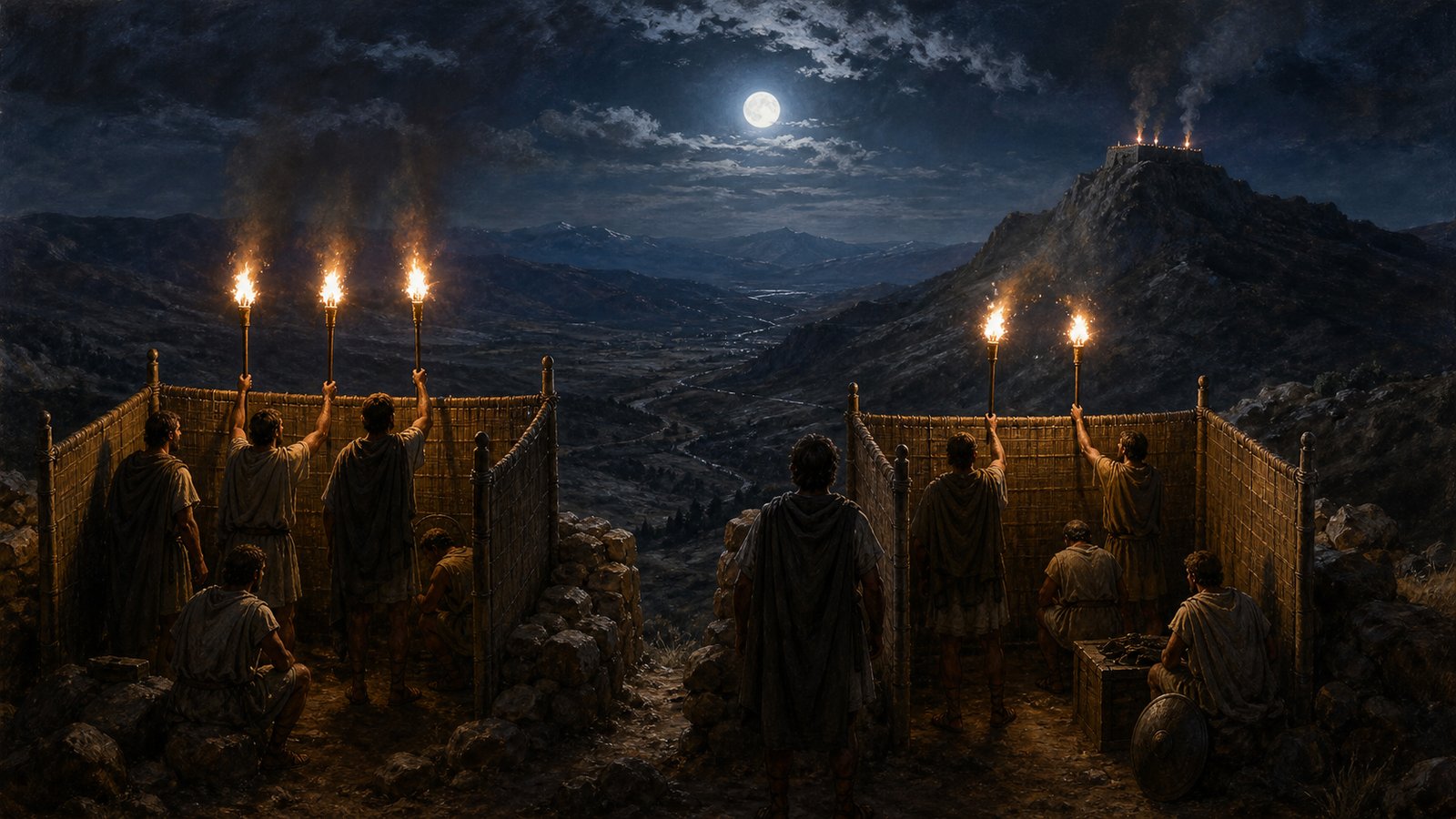 On a dark ridge, trained signallers raise torches in two separated bays while an observer aligns paired sighting tubes and alphabet tablets for an urgent field message.