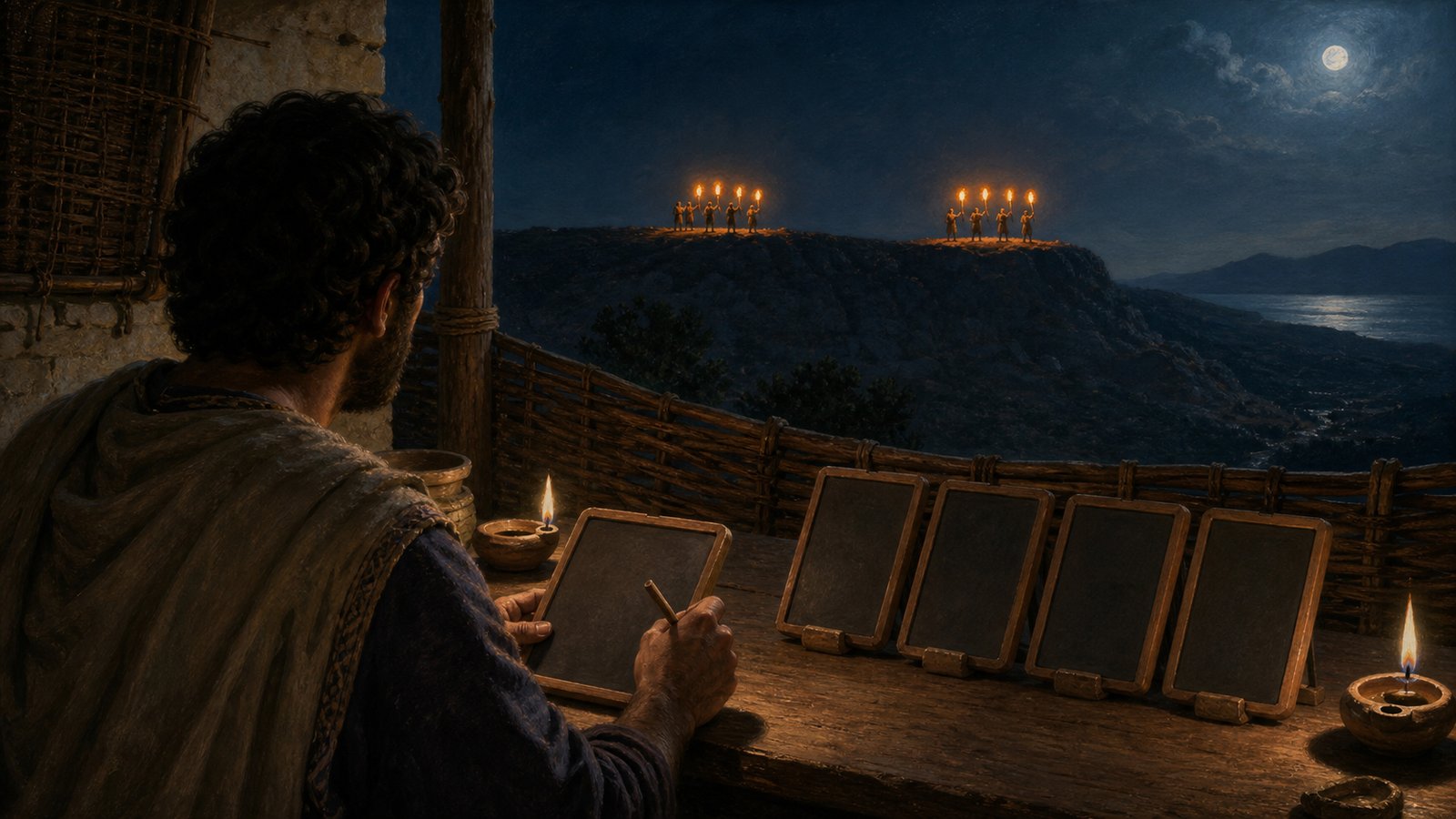 A scribe records each coordinate as left-hand flames select an alphabet group and right-hand flames select one letter, turning repeated light into a precise report.