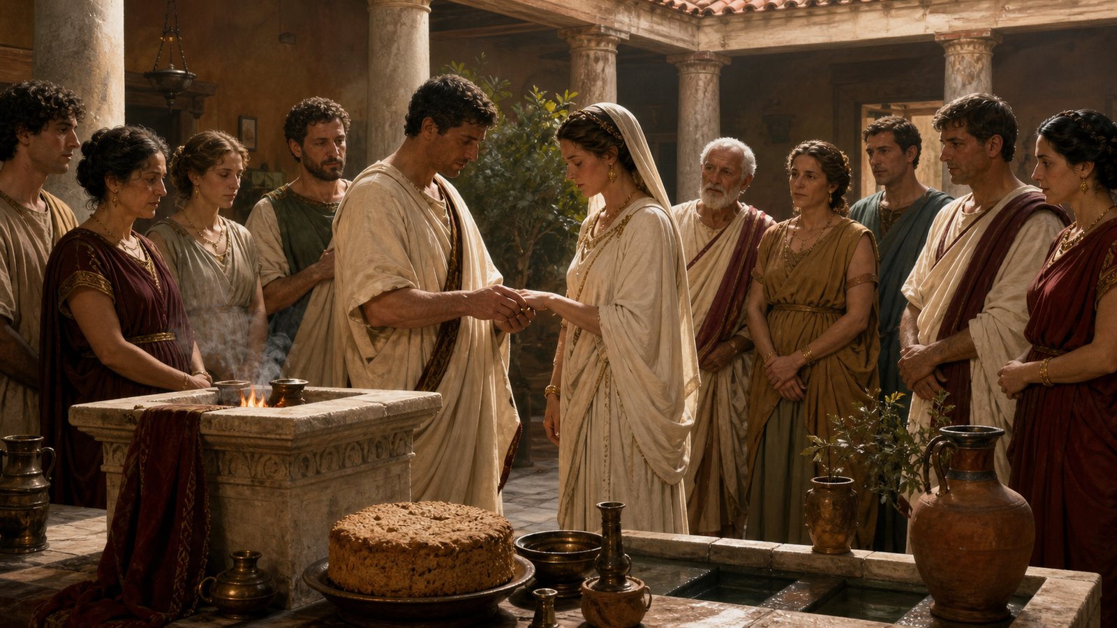 Ten witnesses, a spelt cake, and a spoken formula made the rite a public legal performance rather than a private meal.