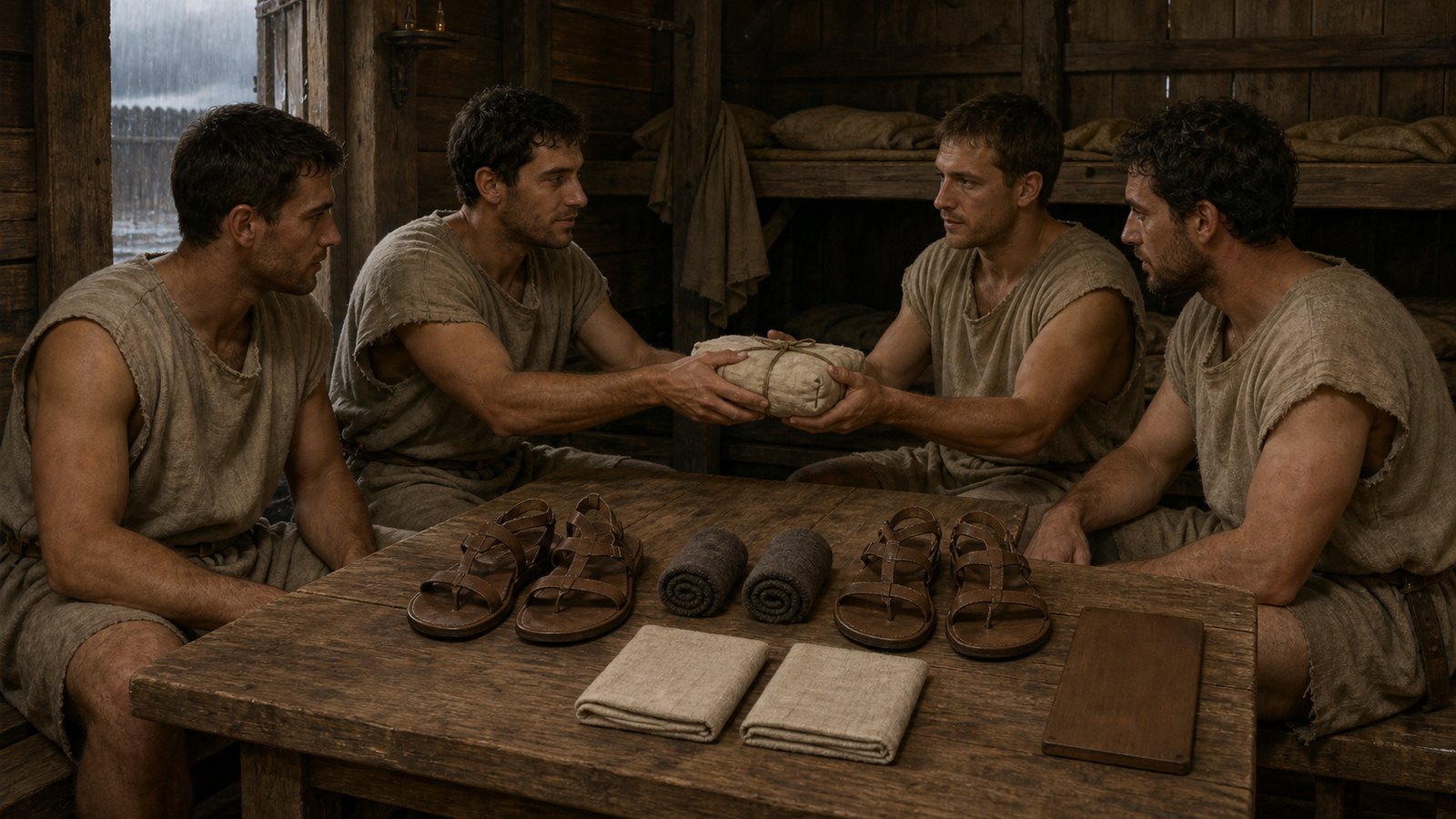 A wide cinematic conservation-table view of ten irregular thin dark wooden tablet fragments carefully arranged under soft museum light, their surfaces weathered and unmarked to the viewer with absolutely no visible letters or pseudo-text, simple scale tools kept out of frame, emphasis on fragile wood grain and broken edges, realistic editorial oil-painting, no text, no labels, no watermark.