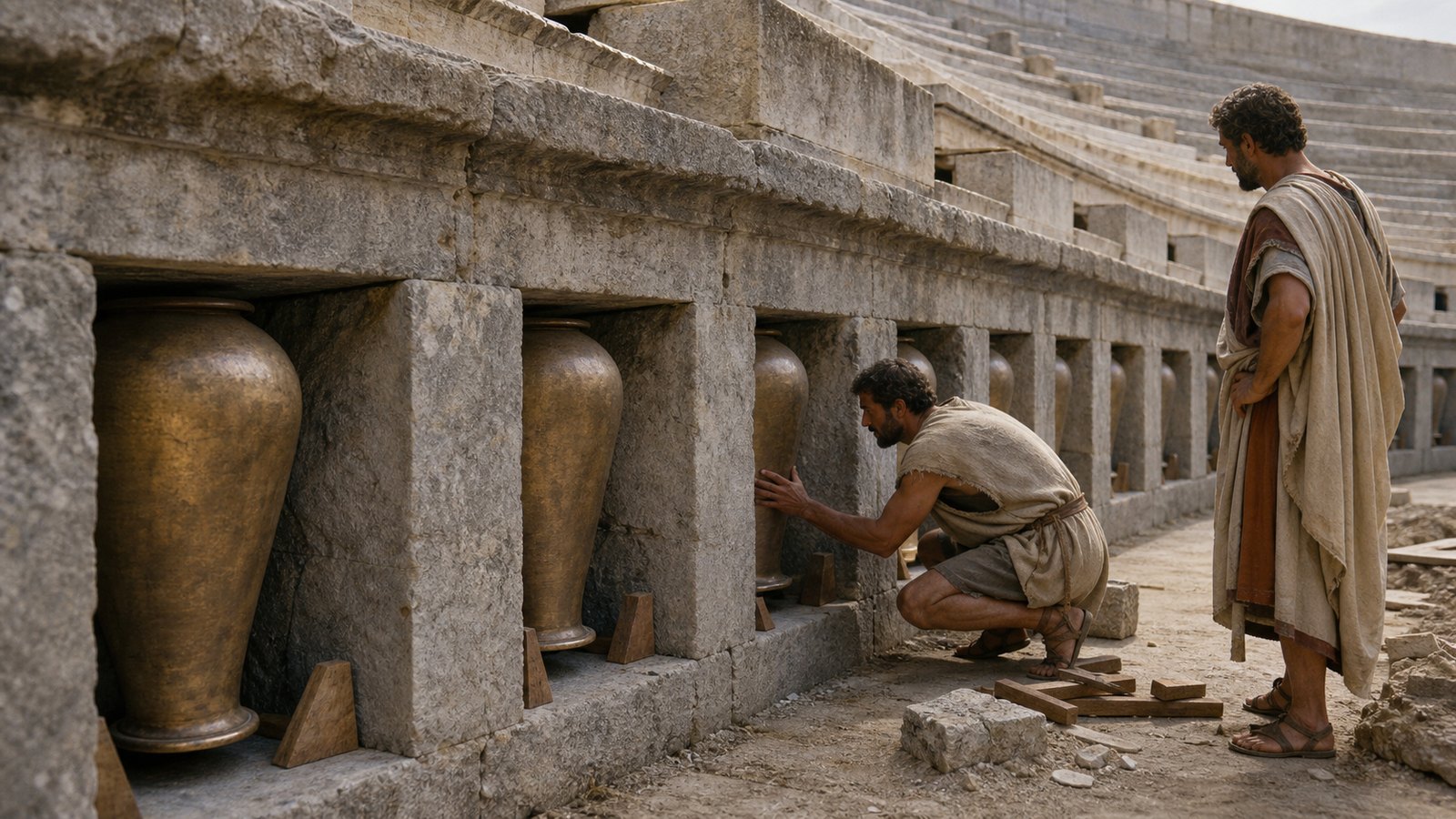 Roman builders install large tuned bronze vessels upside down inside evenly spaced cavities beneath the middle seating tier of a stone theatre, leaving clear air around each vessel and openings toward the stage.