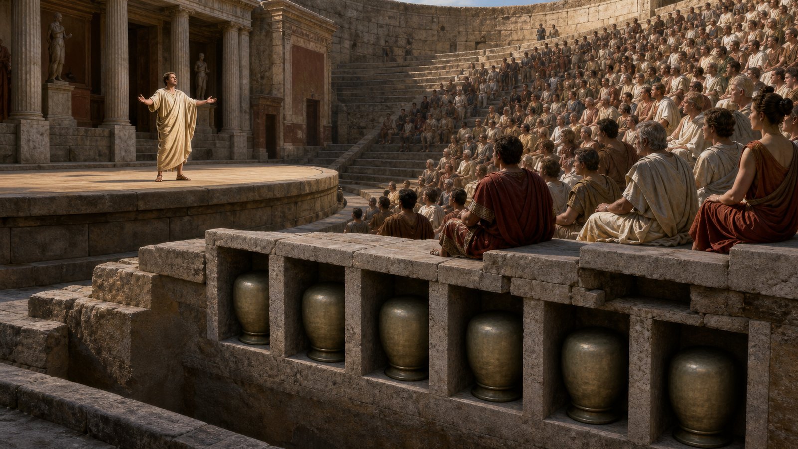 During a performance, an actor projects from the stage while spectators listen across the stone cavea; a cutaway reveals the hidden row of resonators responding beneath their seats.