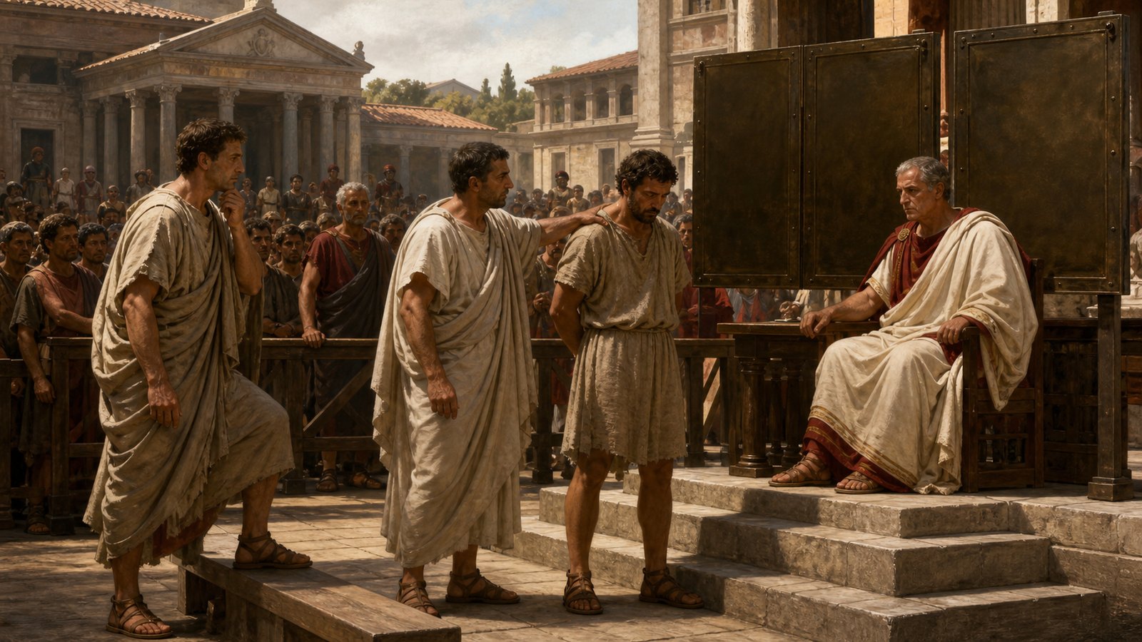 Before a Roman praetor, a creditor lays a formal hand on a judgment debtor after the thirty-day pause while a surety hesitates among witnesses in the public court.