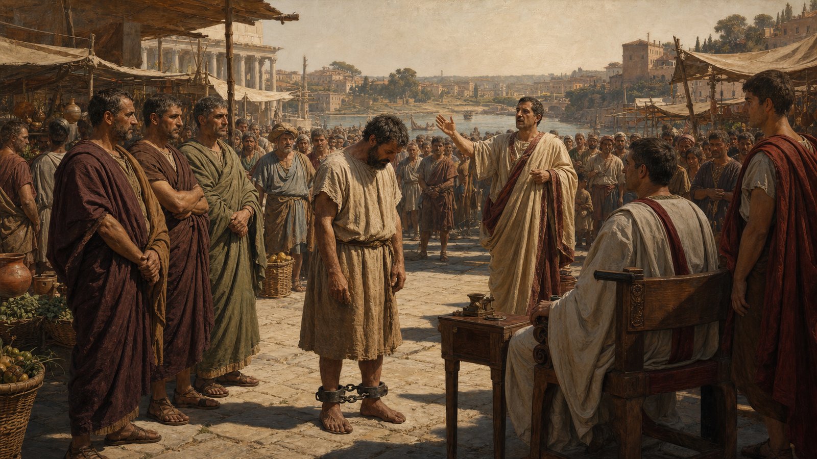 On the third successive market day, a fettered debtor is brought before the praetor as the judgment sum is announced to a crowded Roman marketplace.