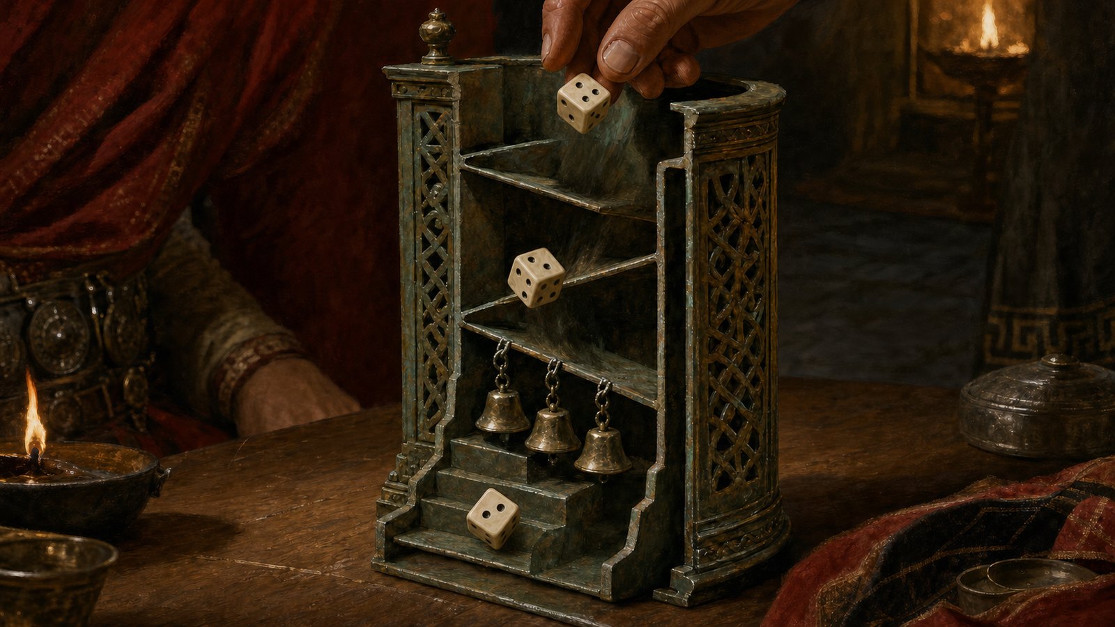 Three internal baffles force the dice to change direction before they descend past the bells and out over the steps.