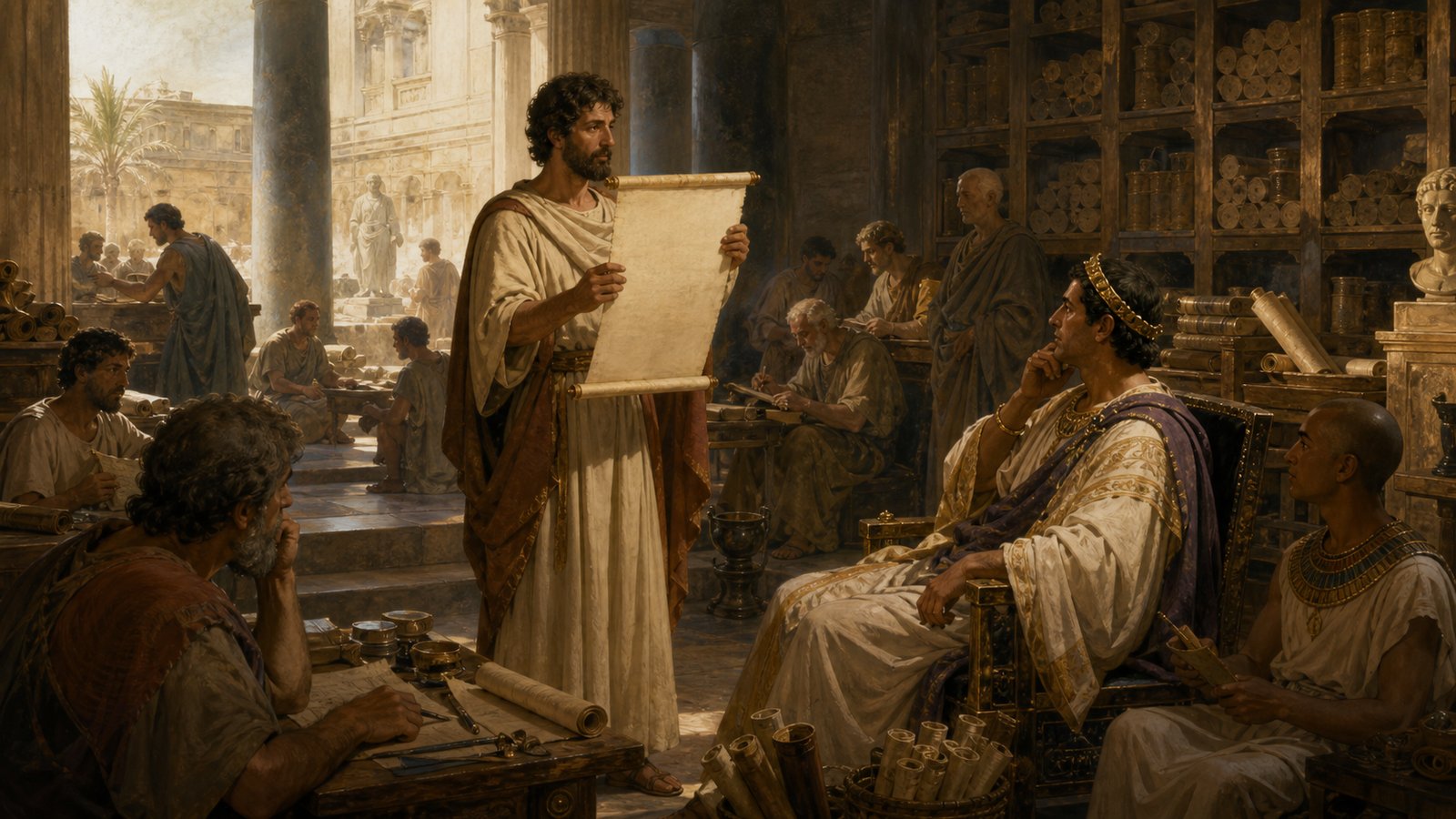 In a grand but austere Hellenistic library court at Alexandria, a lone Macedonian critic reads from an unmarked scroll before a distant seated king and skeptical scholars; shelves and rolled papyri without visible lettering, strong amber and charcoal light, no readable text, no famous likenesses.