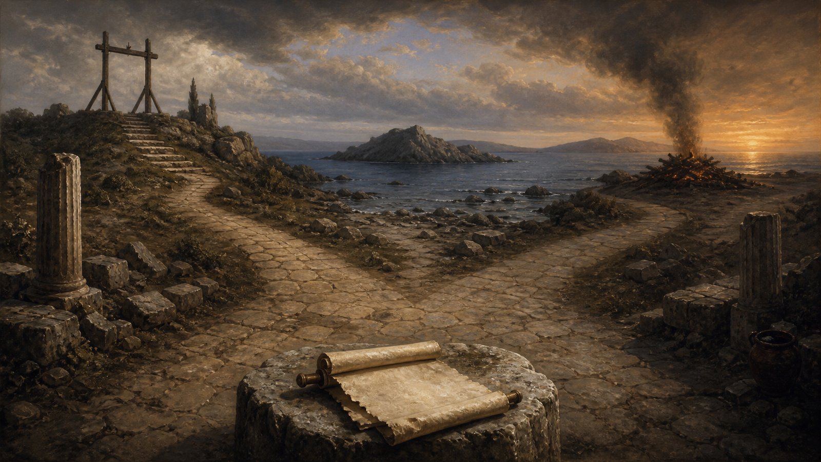 A symbolic ancient Mediterranean crossroads divides toward three distant settings—a royal execution ground, a stony island shore, and a smoky coastal pyre—while one abandoned blank scroll lies in the foreground; no bodies, no violence, no readable signs, historically plausible landscape.