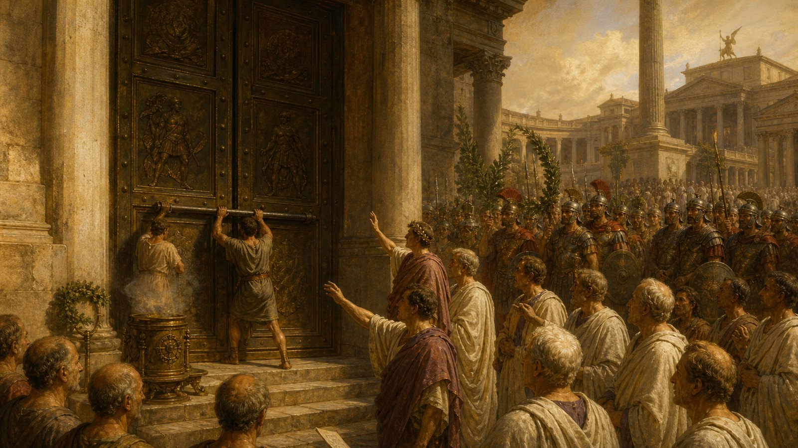 The Augustan message joined ritual and victory: laurel, soldiers and the shut shrine belonged to one carefully staged account.