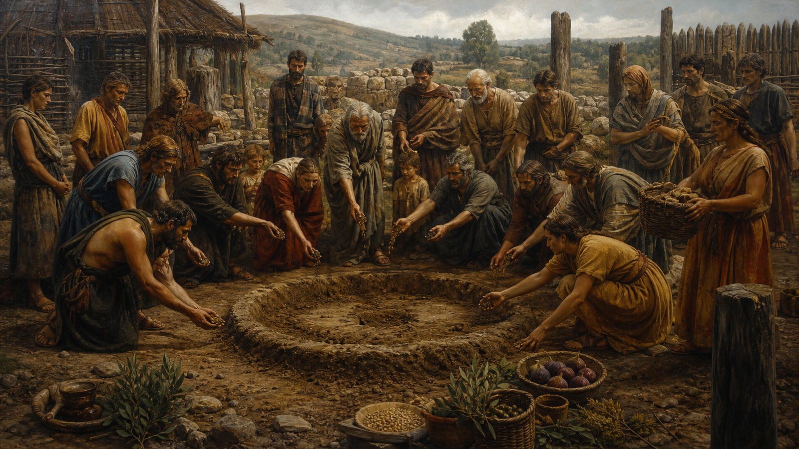 Plutarch’s foundation story says settlers mixed first fruits and handfuls of soil from their former homes in a circular trench.