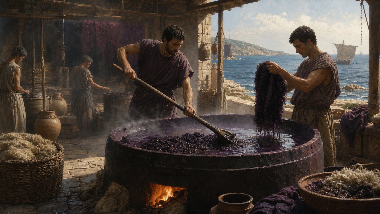 The salted mass was reduced in lead vessels, skimmed and tested on cleaned wool before the workshop committed cloth to the finished dye bath.