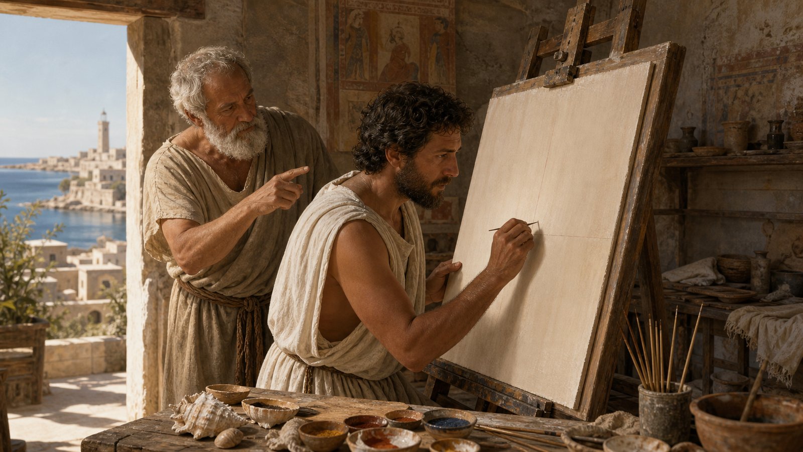 Apelles leaves no signature in the Rhodian workshop—only one controlled line across a prepared panel, while the elderly keeper watches the smallest possible calling card take shape.
