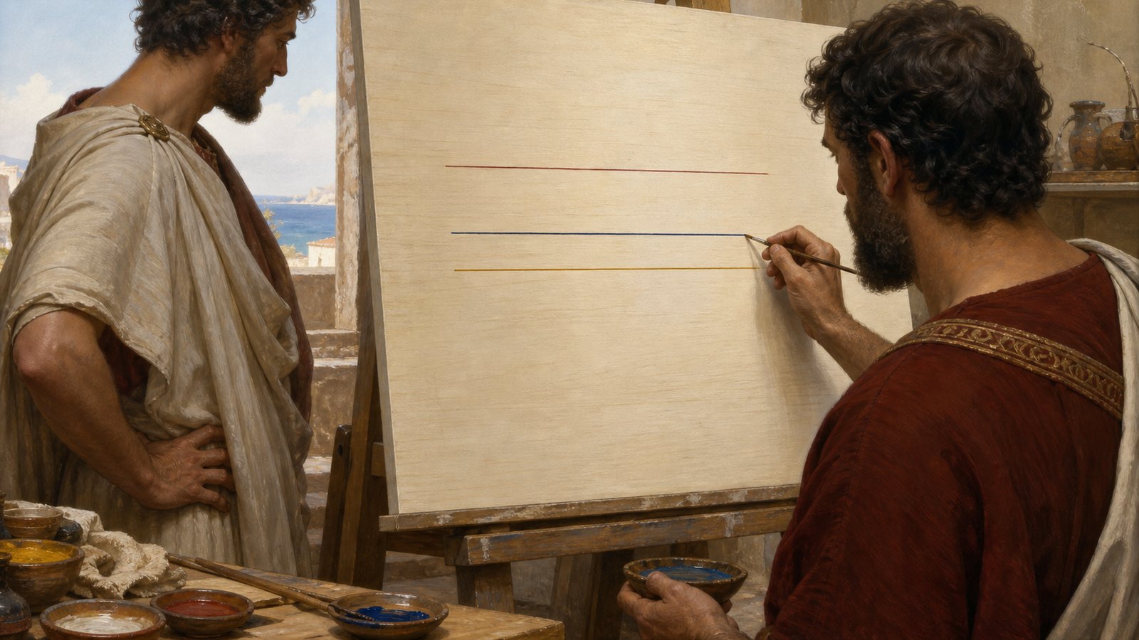 Three differently colored strokes turned an almost empty panel into a contest legible through brush control; its value depended on knowing how difficult restraint could be.